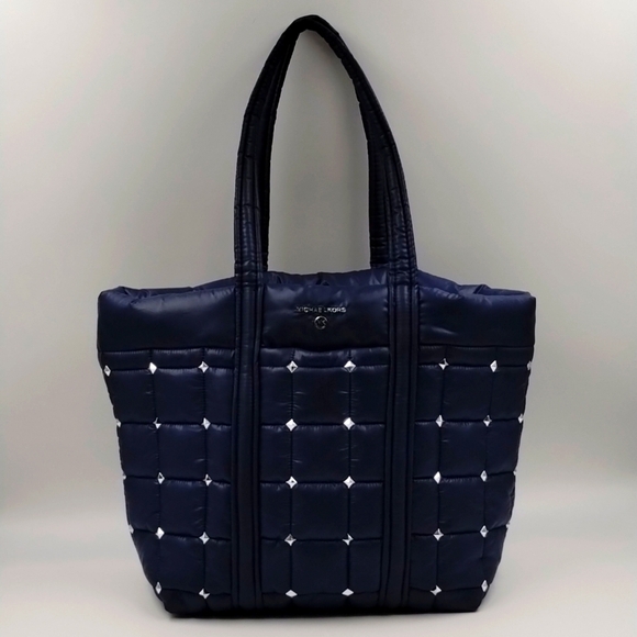 Michael Kors Stirling Quilted Puffy Navy Large Tote w/ silver studs and - Picture 1 of 14